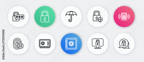 Set line Safe, Security keypad access panel, Cancelled fingerprint, Lock, Shield security with lock, Umbrella, and icon. Vector