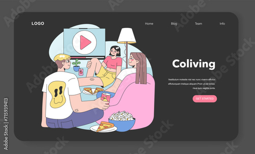 Co-living web banner or landing page night or dark mode. Friends or roommates living together. Characters hang out in dormitory or student apartment. Flat vector illustration.