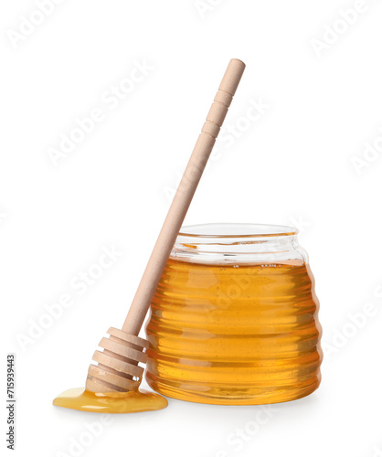 Tasty honey in glass jar and dipper isolated on white