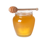 Tasty natural honey in glass jar and dipper isolated on white