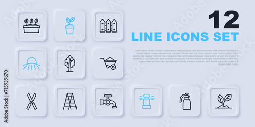 Set line Garden sprayer for water, Sprout, Tree, Automatic irrigation sprinklers, Sunrise, Wooden staircase, Plant pot and Water tap icon. Vector