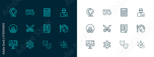 Set line Teacher, Molecule, Book with mathematics, Comedy and tragedy masks, Scissors, Calculator, Earth globe and School Bus icon. Vector