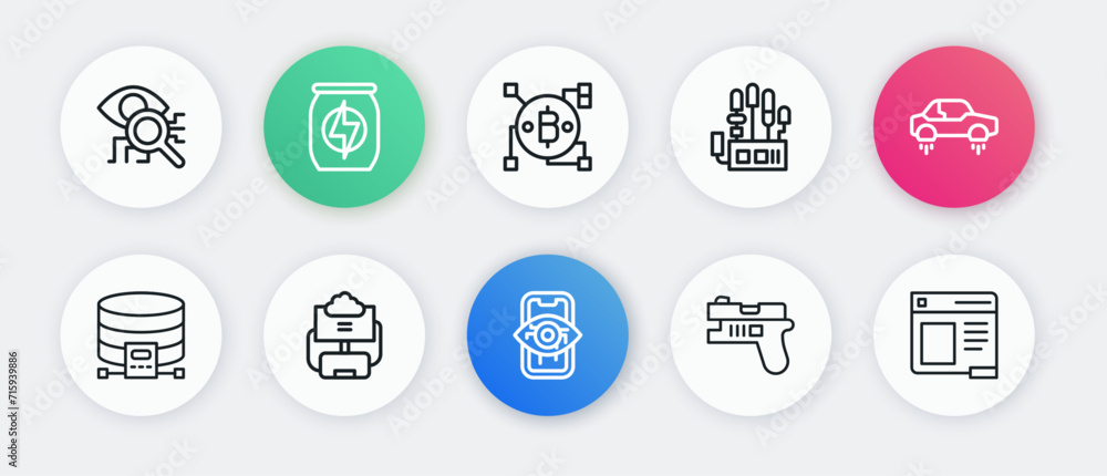 Set line Computer vision, Fantastic flying car, Cloud database, Futuristic weapon, Mechanical robot hand, Blockchain technology Bitcoin, Browser window and icon. Vector