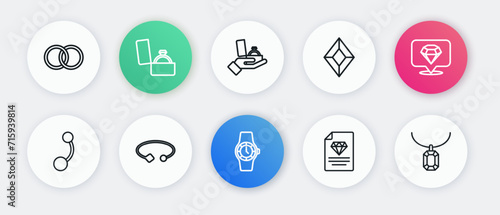 Set line Wrist watch, Diamond, Piercing, Certificate of the diamond, Gem stone, engagement ring box, Pendant necklace and Bracelet jewelry icon. Vector