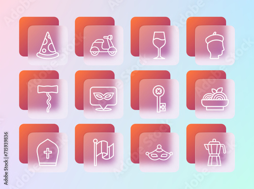 Set line French man, Flag Italy, Old key, Carnival mask, Wine glass, Slice of pizza and Scooter icon. Vector