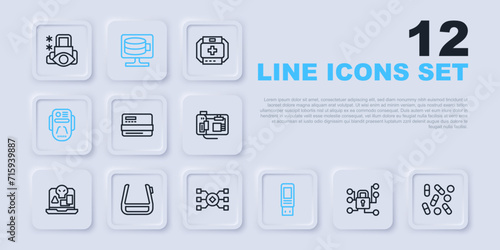 Set line Cyber security, Medical pill biohacking, Credit card, USB flash drive, Artificial intelligence robot, Smart glasses on spectacles, Cloud database and Neural network icon. Vector