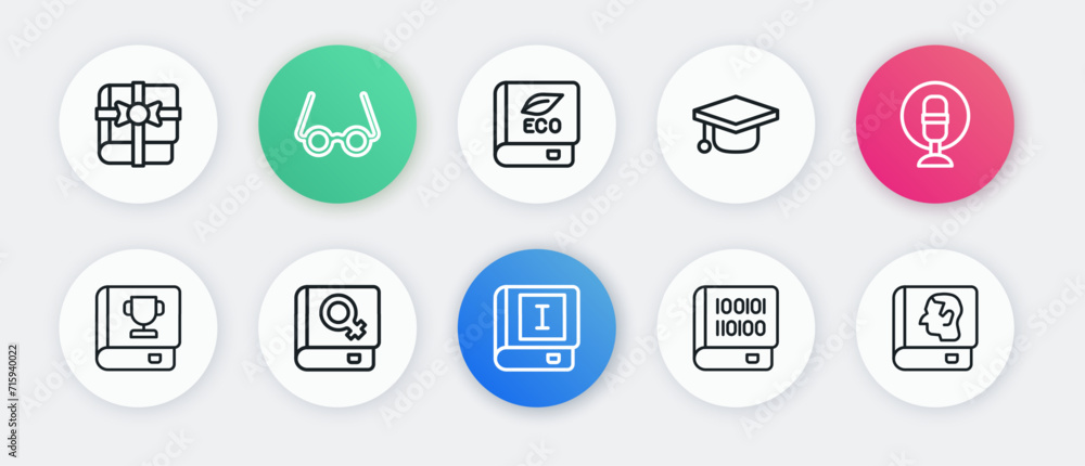 Set line Book, Microphone, Books about programming, Graduation cap, ecology, Law book and women icon. Vector Set line Book, Microphone, Books about programming, Graduation cap, ecology, Law book and women icon. Vector