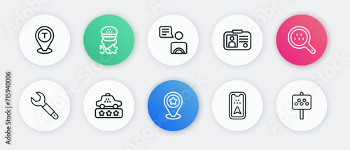 Set line Location with star, Search taxi, Wrench spanner, Infographic of city map, Taxi driver license, Road sign for stand and service rating icon. Vector