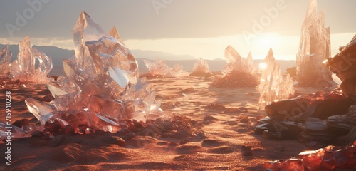 Surreal desert with ground covered in hyper-realistic crystalline formations, refracting the light of distant suns with unparalleled precision. Refraction.