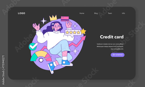 Credit card web banner or landing page night or dark mode. Bank-offered financing of purchases. Individual and business credit card. Credit arrangements and rating. Flat vector illustration