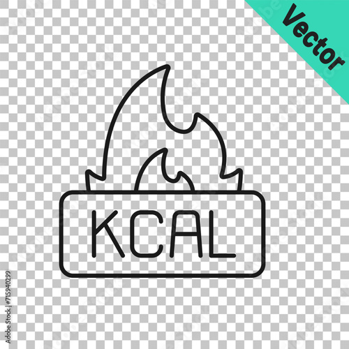 Black line Kcal icon isolated on isolated on transparent background. Health food. Vector