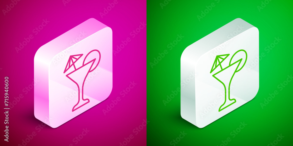 Isometric line Martini glass icon isolated on pink and green background. Cocktail icon. Wine glass icon. Silver square button. Vector Isometric line Martini glass icon isolated on pink and green background. Cocktail icon. Wine glass icon. Silver square button. Vector