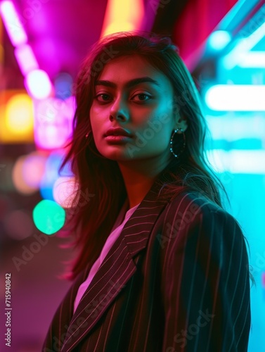 Adult Indian Woman with Brown Straight Hair vintage photo. Portrait of a person in 1980s aesthetics. Punk fashion. Historic photo Ai Generated Photorealistic Vertical Image.