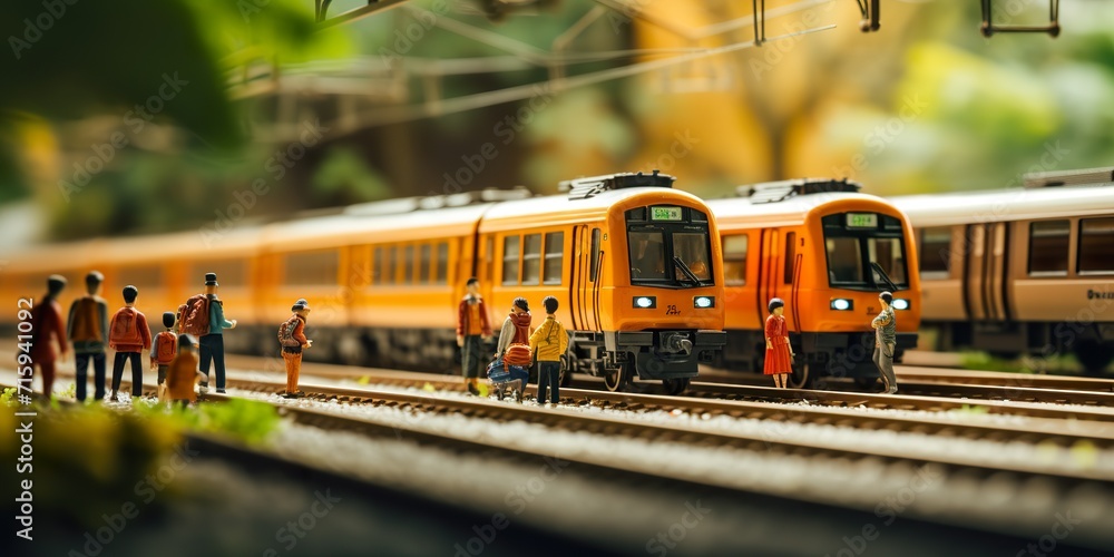 Miniature people waiting train at early morning rush hours. 