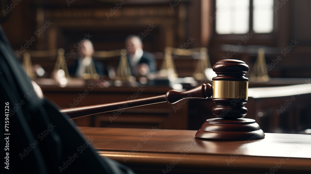 Law theme, mallet of judge, wooden gavel in courtroom Law theme, mallet of judge, wooden gavel in courtroom