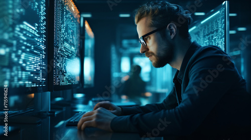 Side view of serious hacker in eyeglasses working on computer in dark office