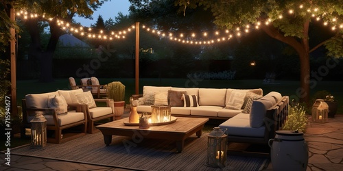 Photo of a cozy outdoor living space with multiple couches and string neon lights, neon