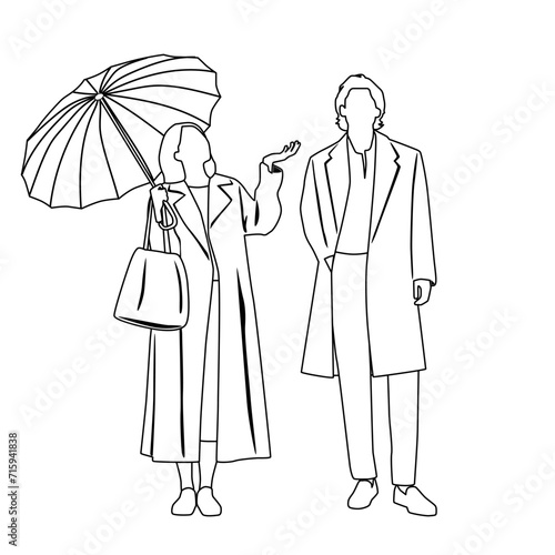 Silhouettes of man and woman with umbrella, couple, linear sketch, black color, vector, people in coat, students, flat icon design concept isolated on white background