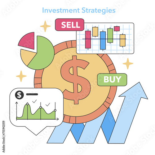 Investment Strategies concept. Market analysis and trading decisions with pie charts and candlestick graphs. Financial growth direction. Flat vector illustration.