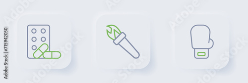 Set line Boxing glove, Torch flame and Sports doping with dumbbell icon. Vector