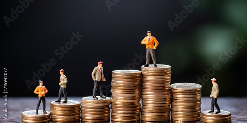 Worker and businessmen miniature figure standing on increasing coins stacking with up arrow and dollar sign for income salary various growth in different position , Human development concept.