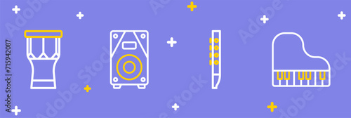Set line Grand piano, Flute, Stereo speaker and African percussion drum icon. Vector