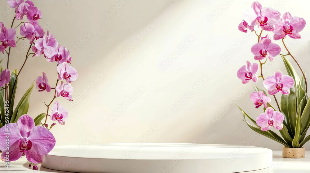 Presentation Products Podium With Purple Orchids Flowers On The Sides. Product Showcase Ideal for Natural Cosmetic Brand Promotion Presentation Products Podium With Purple Orchids Flowers On The Sides. Product Showcase Ideal for Natural Cosmetic Brand Promotion