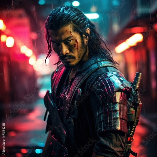 portrait of samurai with a sword and a sword in the rain created with Generative AI © therealnodeshaper