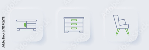 Set line Armchair, Chest of drawers and TV table stand icon. Vector