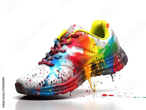 one sneaker with color splash on white background