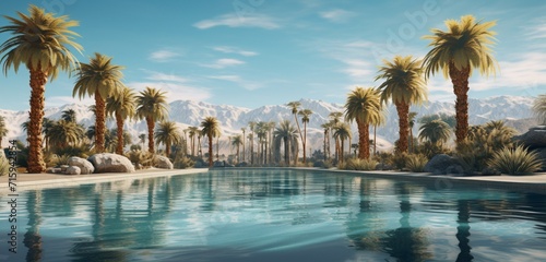 Surreal oasis with ultra-detailed metallic palm trees reflecting in a pristine pool, capturing the surreal beauty of a desert mirage. Oasis.