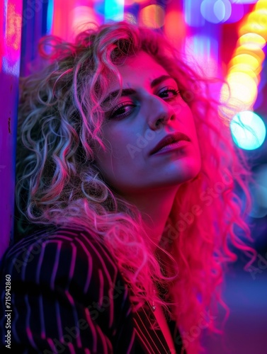 Adult Persian Woman with Blond Curly Hair vintage photo. Portrait of a person in 1980s aesthetics. Punk fashion. Historic photo Ai Generated Photorealistic Vertical Image.