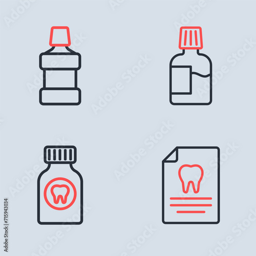 Set line Mouthwash, Toothache painkiller tablet, Clipboard with dental card and icon. Vector