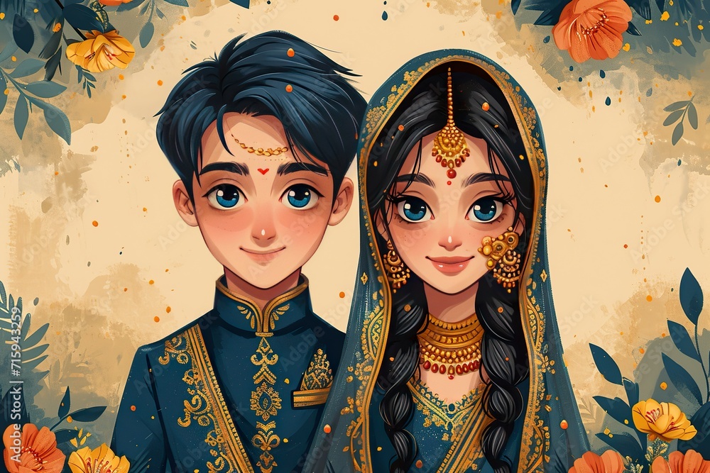 bengali Bride and groom cute couple in traditional indian dress cartoon character - obrazy, fototapety, plakaty 