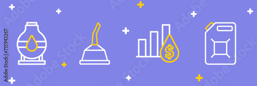 Set line Canister for gasoline, Pie chart and dollar, motor machine oil and Oil tank storage icon. Vector