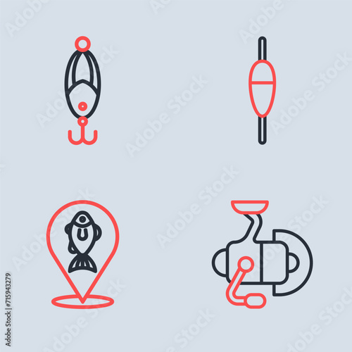Set line Fishing float, Location fishing, Spinning reel for and lure icon. Vector