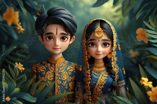 bengali Bride and groom cute couple in traditional indian dress cartoon character photo