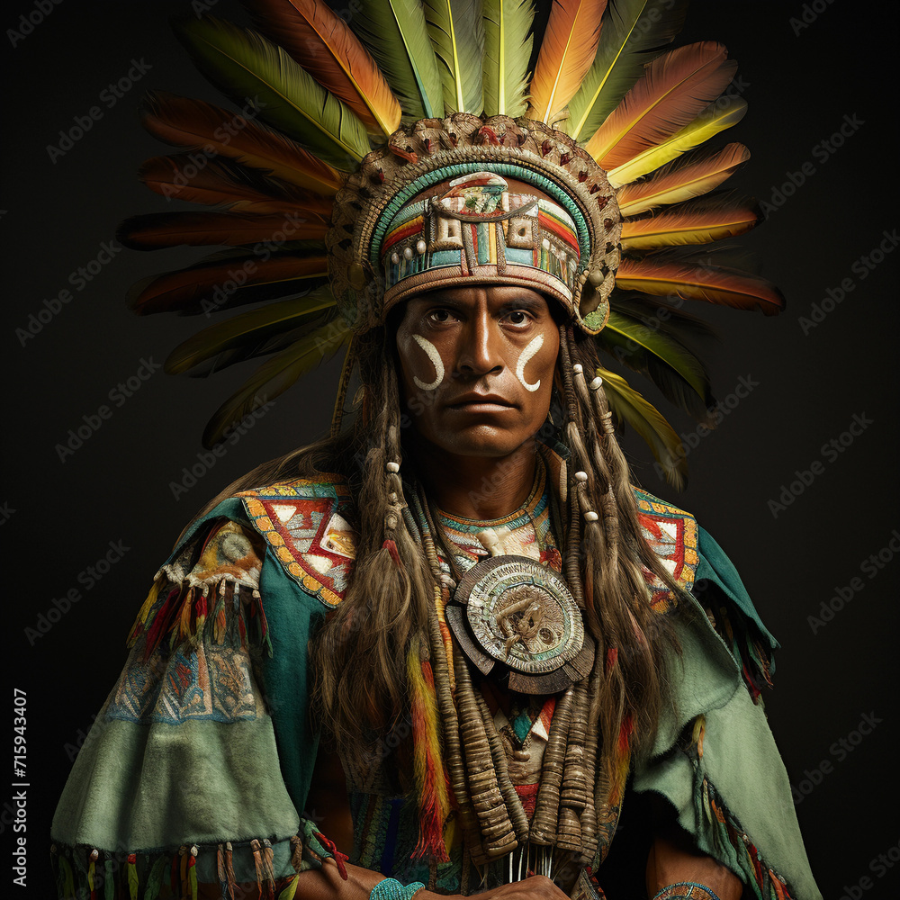 Portrait of a Man dressed like Moctezuma the historic aztec general 