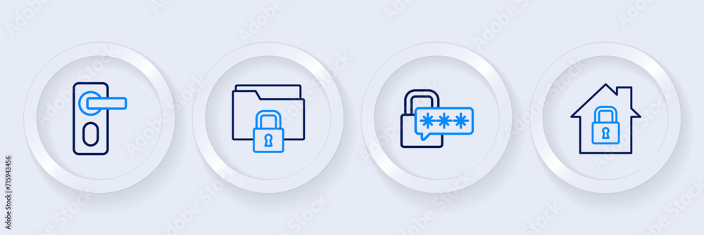 Set line House under protection, Cyber security, Folder and lock and Fingerprint door icon. Vector