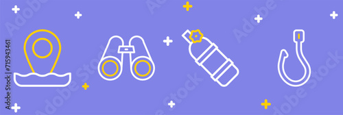 Set line Fishing hook, Aqualung, Binoculars and Location fishing icon. Vector