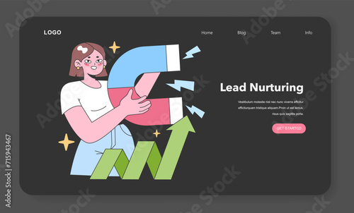 Focused woman engaging in lead nurturing, manipulating growth chart and magnet to attract potential leads. Flat vector illustration