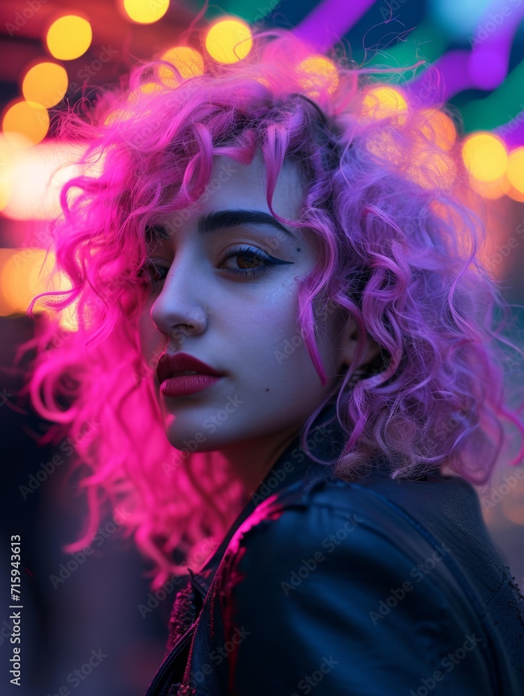 Adult Persian Woman with Pink Curly Hair vintage photo. Portrait of a person in 1980s aesthetics. Punk fashion. Historic photo Ai Generated Photorealistic Vertical Image.