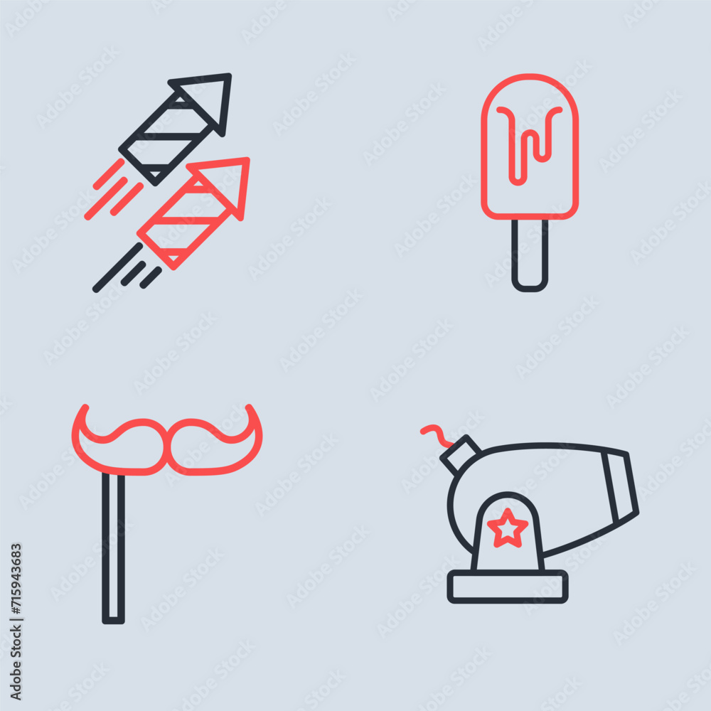 Set line Ice cream, Paper mustache on stick, Cannon and Firework rocket icon. Vector Set line Ice cream, Paper mustache on stick, Cannon and Firework rocket icon. Vector