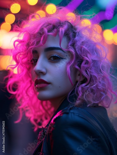 Adult Persian Woman with Pink Curly Hair vintage photo. Portrait of a person in 1980s aesthetics. Punk fashion. Historic photo Ai Generated Photorealistic Vertical Image. © Vector Juice