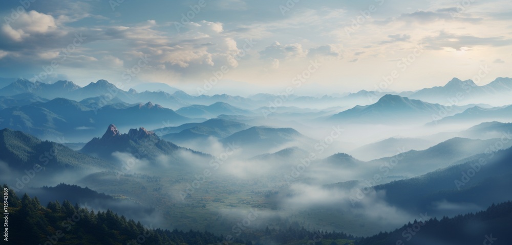 Mesmerizing secluded mountain plateau shrouded in a veil of morning mist.