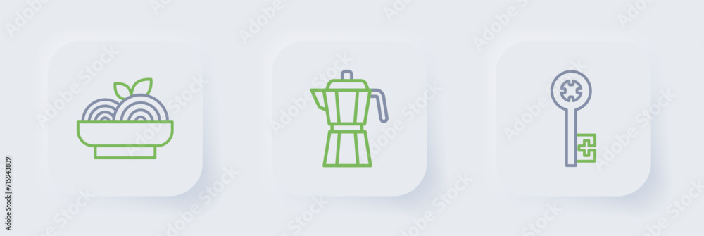 Set line Old key, Coffee maker moca pot and Pasta spaghetti icon. Vector Set line Old key, Coffee maker moca pot and Pasta spaghetti icon. Vector