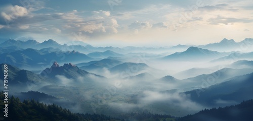 Mesmerizing secluded mountain plateau shrouded in a veil of morning mist.