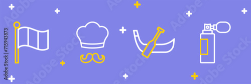 Set line Perfume, Gondola boat, Italian cook and Flag Italy icon. Vector