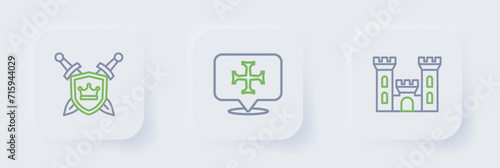 Set line Castle, Crusade and Shield with swords icon. Vector
