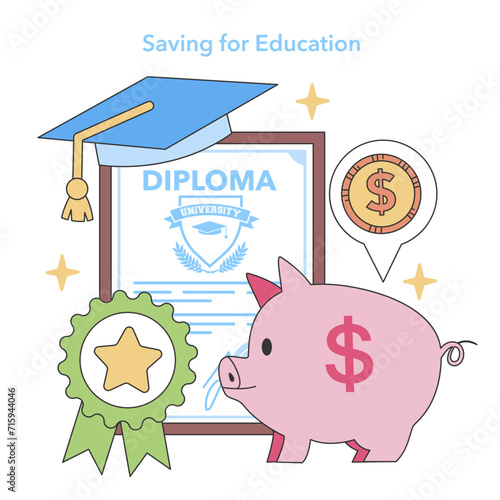 Saving for Education concept. Planning and investing in future learning with diploma and piggybank. Scholarship and tuition fund strategy. Flat vector illustration.